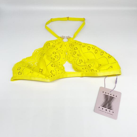 Savage X Fenty Women's Bombshell Broderie Lace Halter Bralette Yellow Size M - Picture 2 of 5